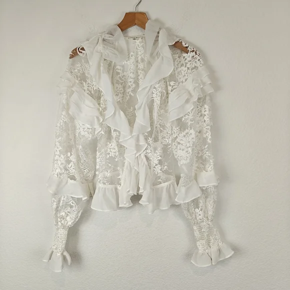 For Love & Lemons Holiday Lace Blouse (SAMPLE) Silk Top S Romantic Sheer Lace - Picture 9 of 16